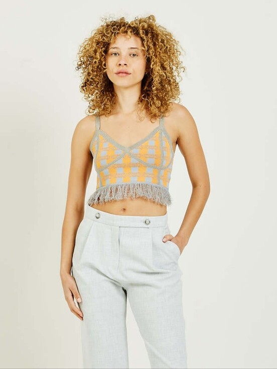 Baum Und Pferdgarten Tops - NEW Baum und Pferdgarten Cypres Gingham Fringe Tank Top Crop Orange Blue Size L